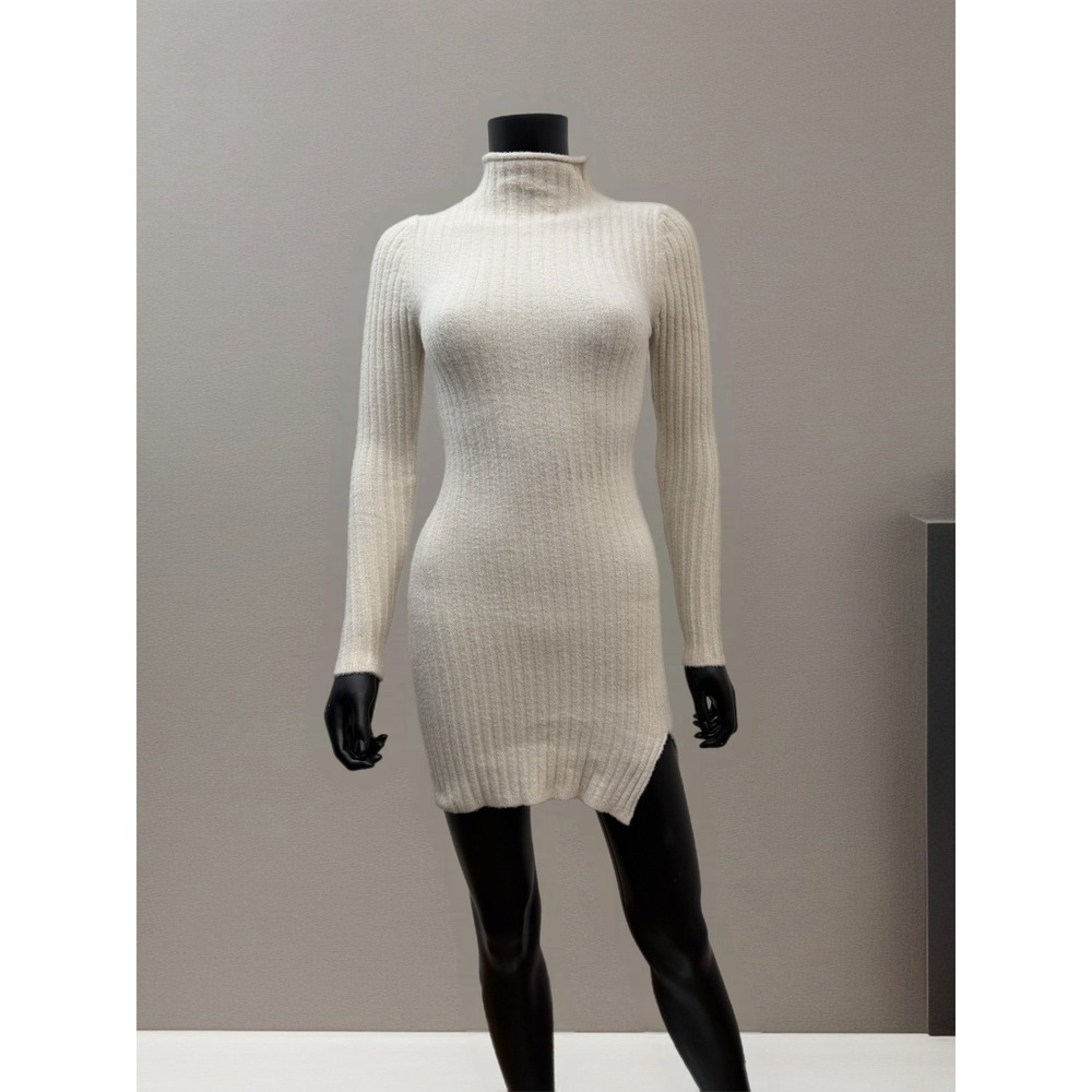 Bayse Beige Ribbed‎ Knit Turtleneck Sweater Mini Dress XS Cozy Chic